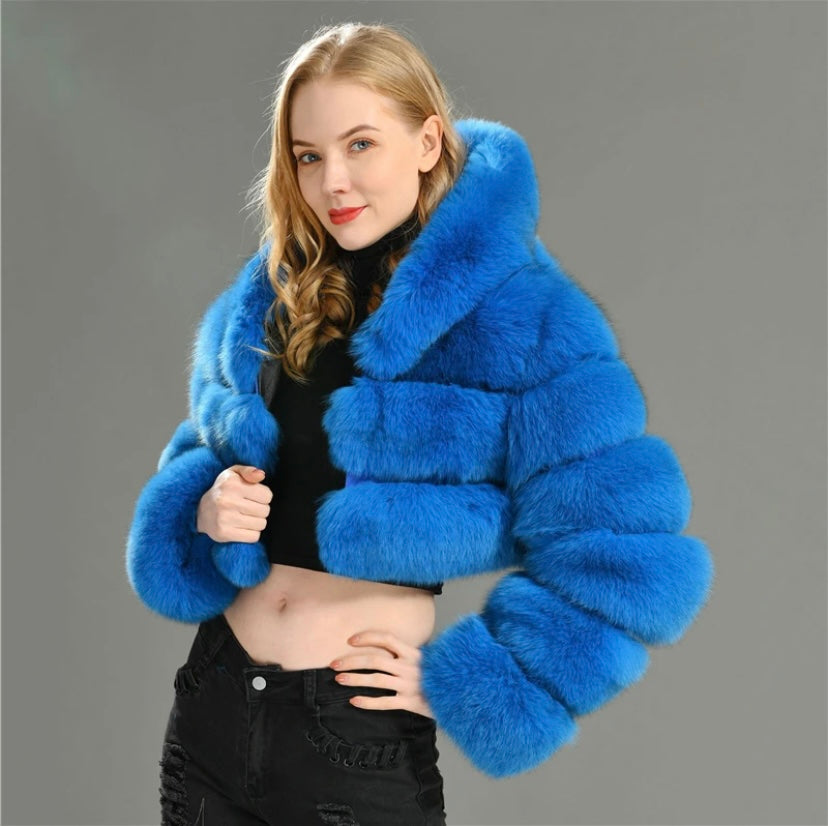 Real fox fur crop top coat with real leather inside.