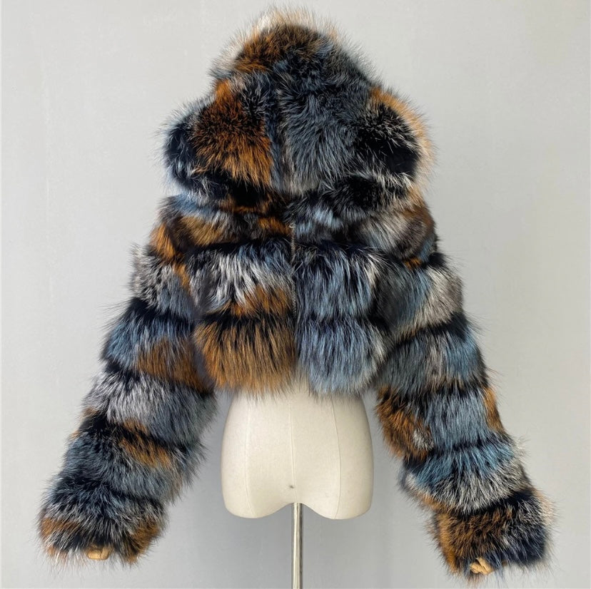 Real fox fur crop top coat with real leather inside.