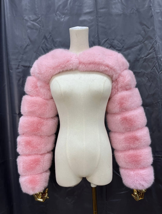 Sold color fluffy faux sleeves coat