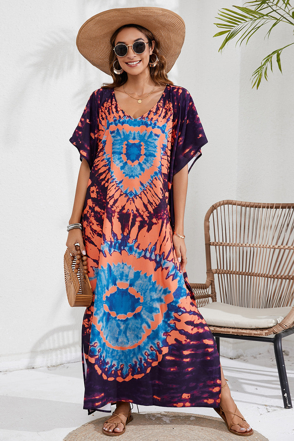 Slit Printed V-Neck Short Sleeve Cover Up