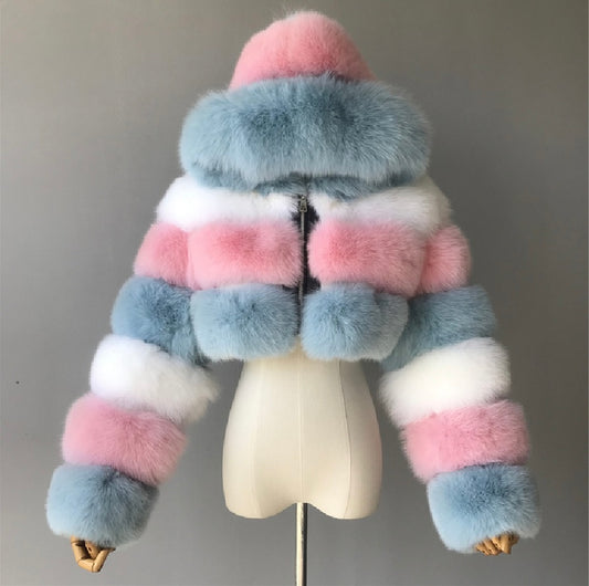 Real fox fur crop top coat with real leather inside.