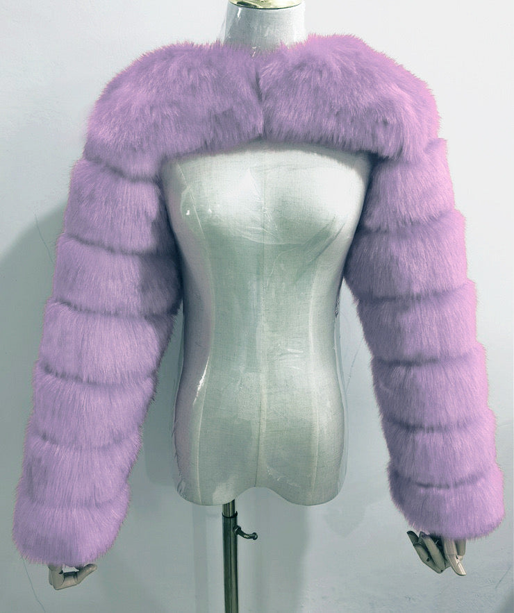 Sold color fluffy faux sleeves coat