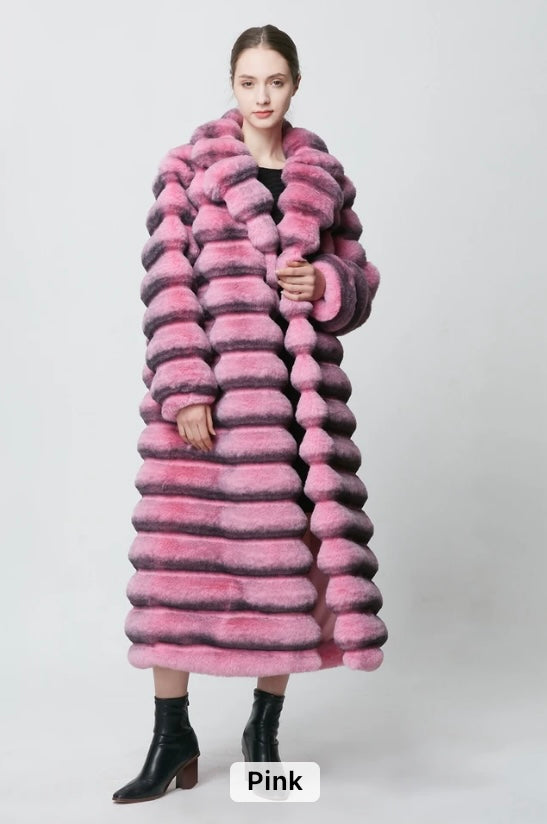 Elegant rabbit chinchilla faux fur coat