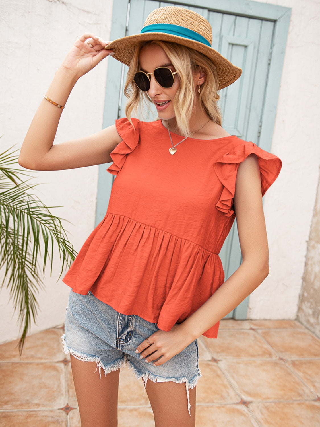 Lace Detail Round Neck Peplum T-Shirt