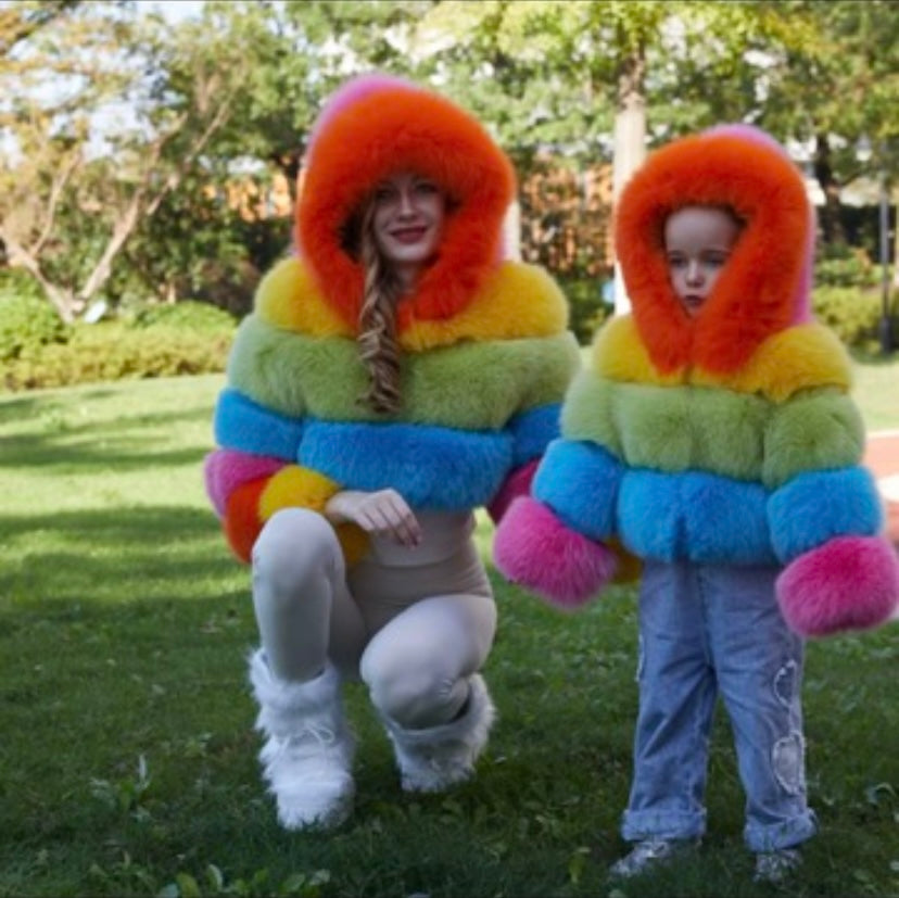 Little girls real fluffy rainbow coat