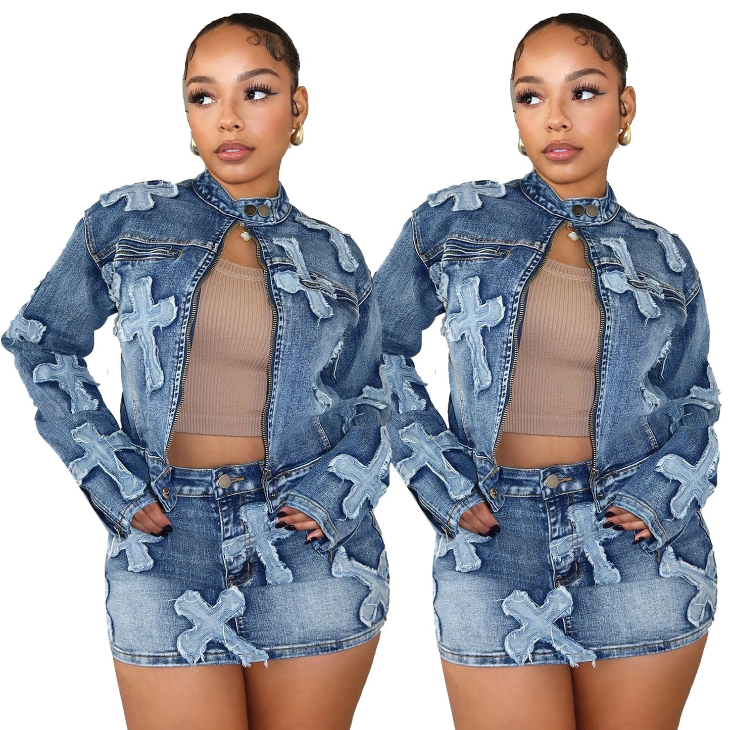 CUTENOVA Jeans Cross 3D Embroidery 2 Piece Set Women Elastic Skirt Denim Set