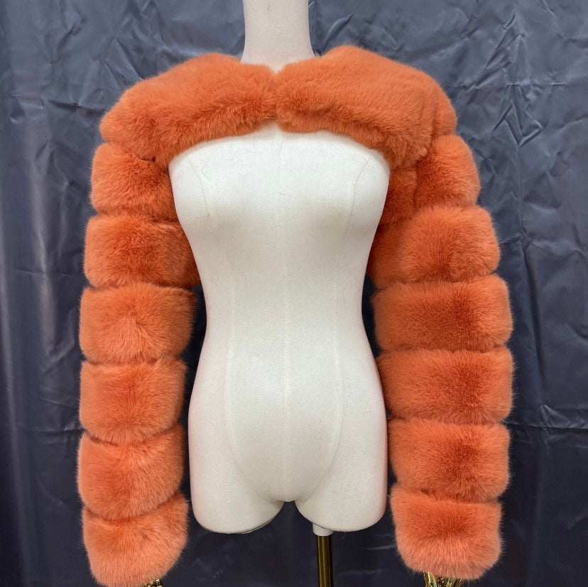 Sold color fluffy faux sleeves coat