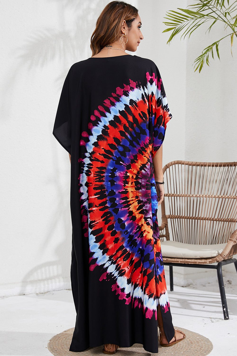 Slit Printed V-Neck Short Sleeve Cover Up