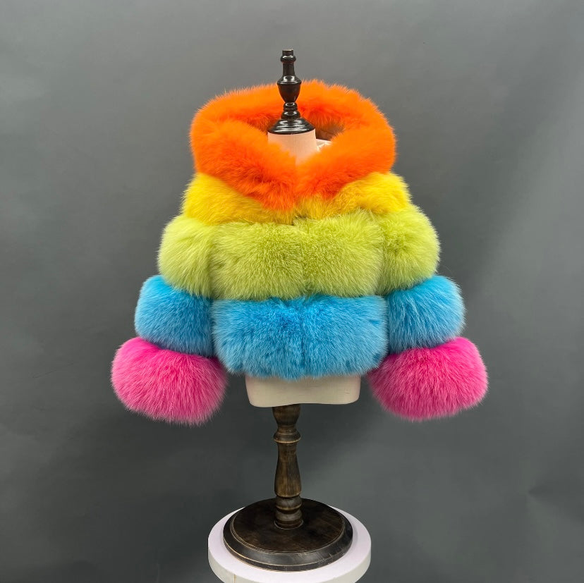 Little girls real fluffy rainbow coat