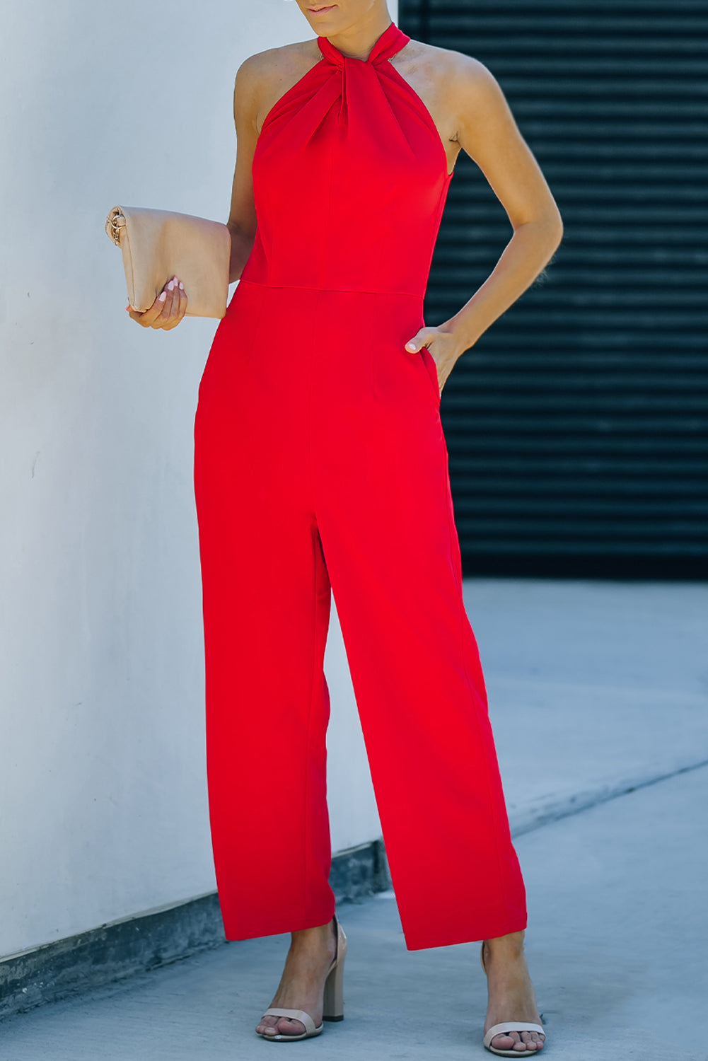 Twisted Grecian Neck Wide Leg Jumpsuit