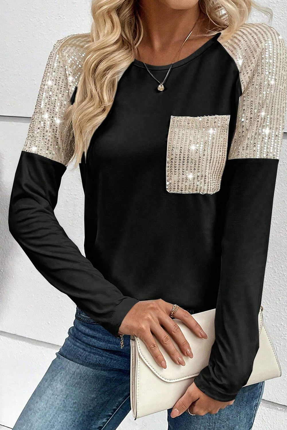 Sequin Round Neck Long Sleeve T-Shirt