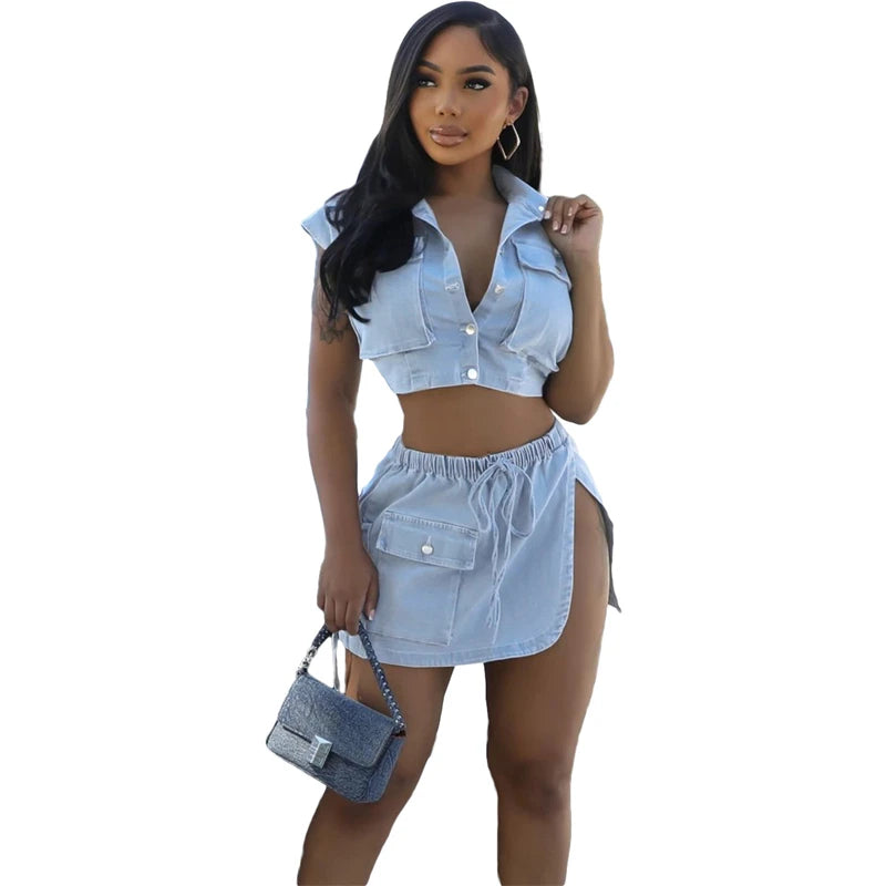 Sexy 2 Pieces Denim Short Sleeve Crop Top Slit Split Mini skirt set