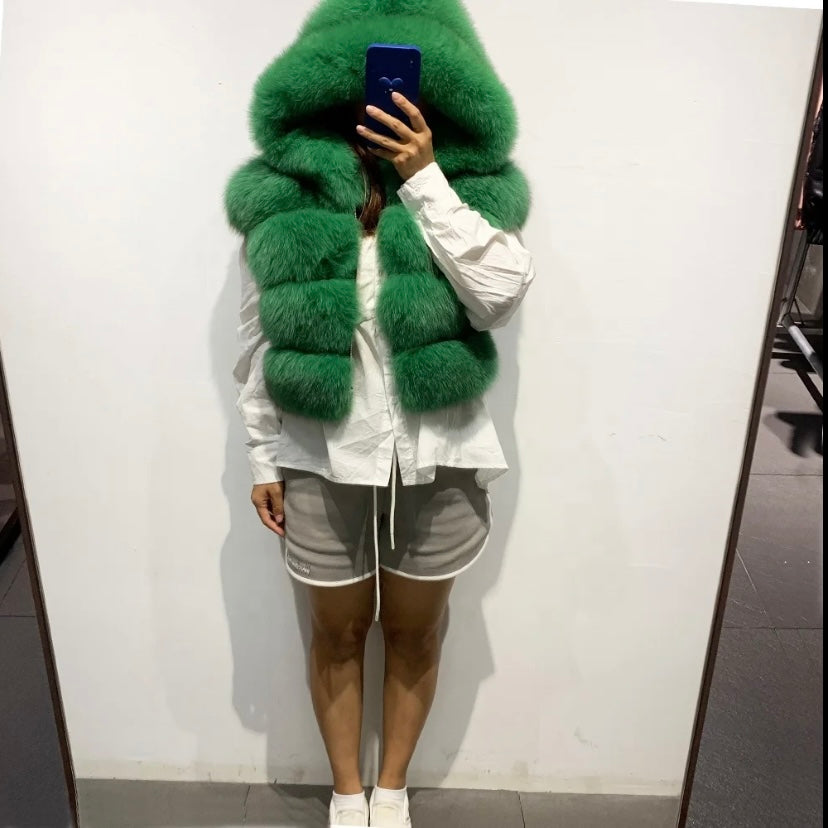 Real fluffy hooded vest