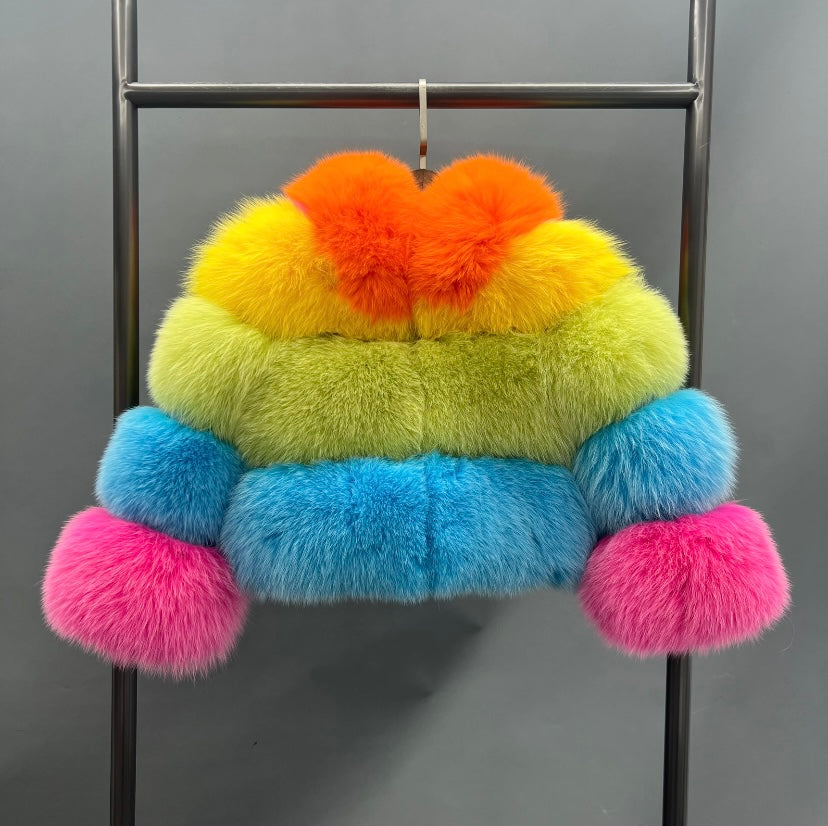 Little girls real fluffy rainbow coat