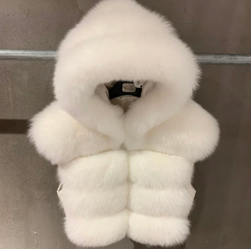 Real fluffy hooded vest