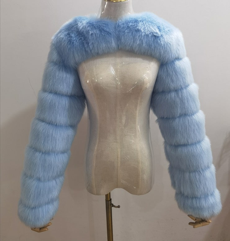 Sold color fluffy faux sleeves coat