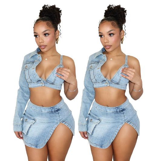 Women's Denim 2 Piece Short Skirt Set