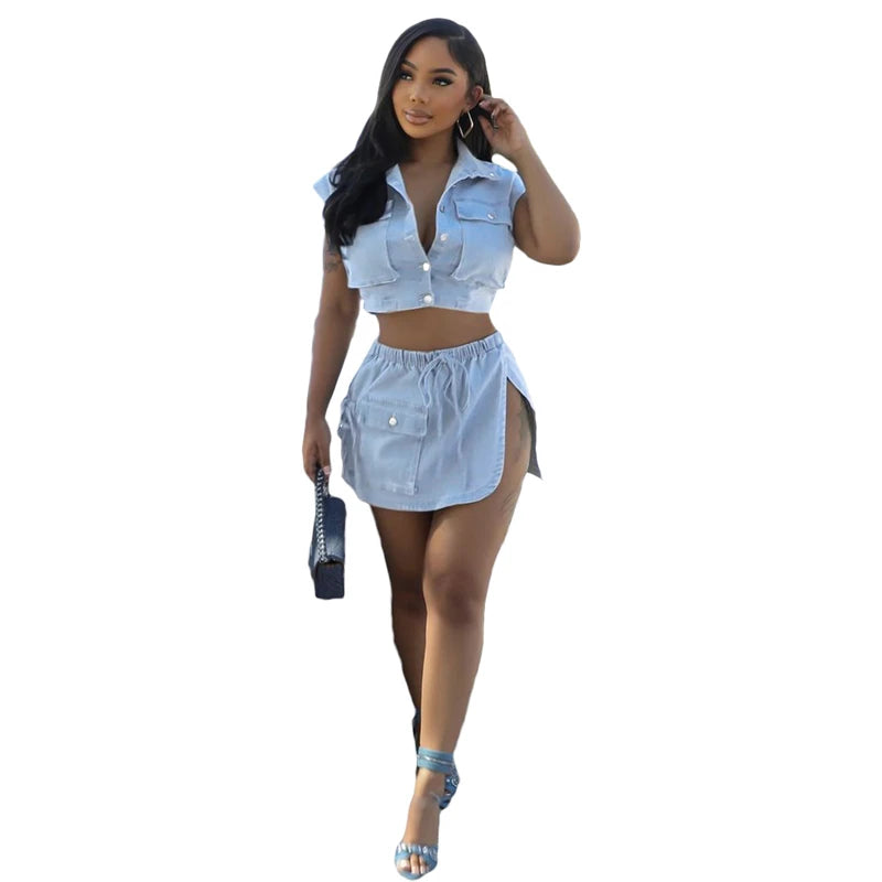 Sexy 2 Pieces Denim Short Sleeve Crop Top Slit Split Mini skirt set